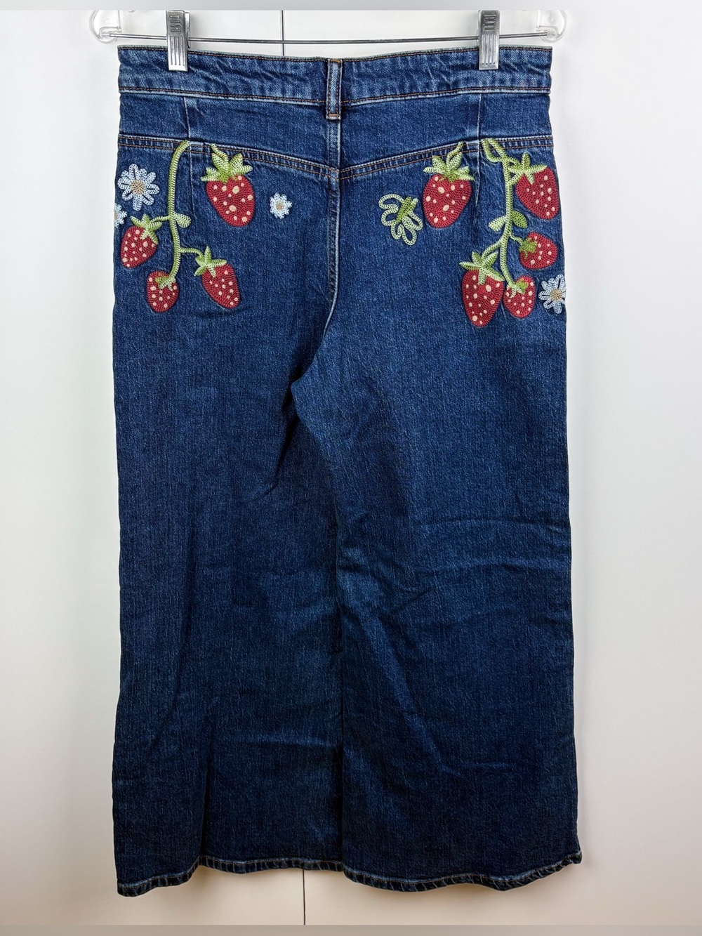 Anthropologie Maeve Strawberry Embroidered High Rise Wide Leg Jean Dark Blue 28 - Picture 6 of 9